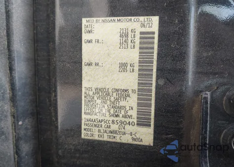 2012 Nissan Maxima 3.5 Sv из США, поврежденный, VIN 1N4AA5AP5CC859040